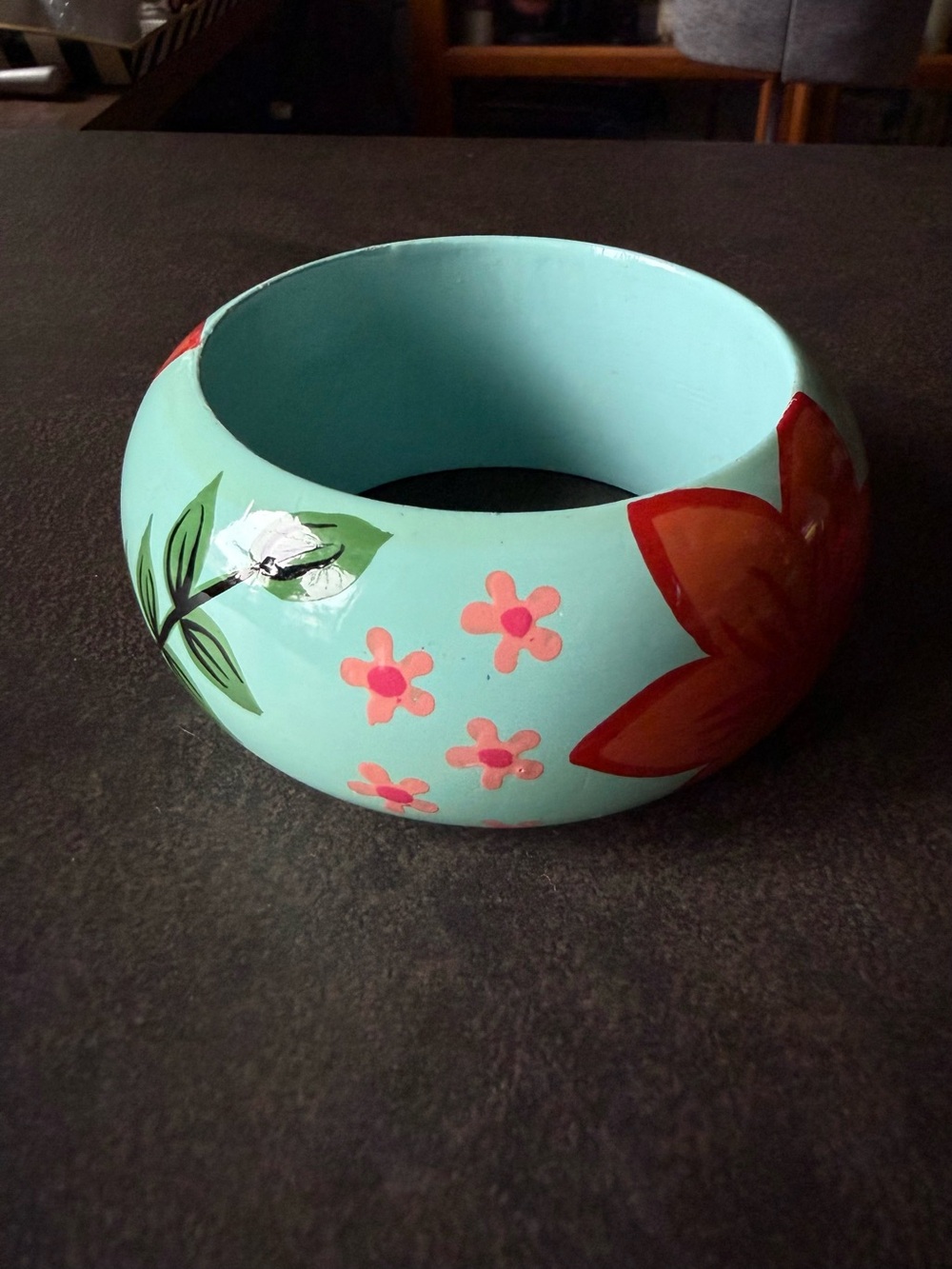Hand-Painted Turquoise Floral Wooden Bangle